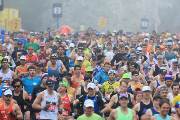 A packed start line in the Boston Marathon