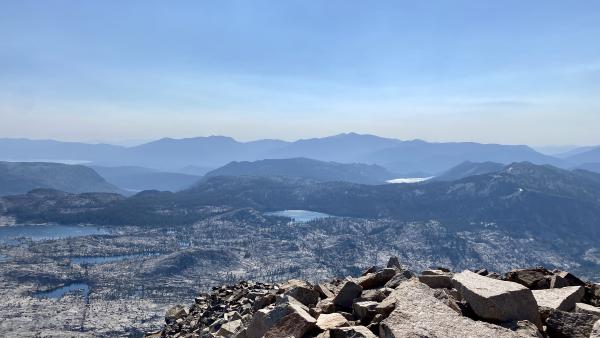 A view of Tahoe and Echo Lakes from the summit of Pyramid Peak