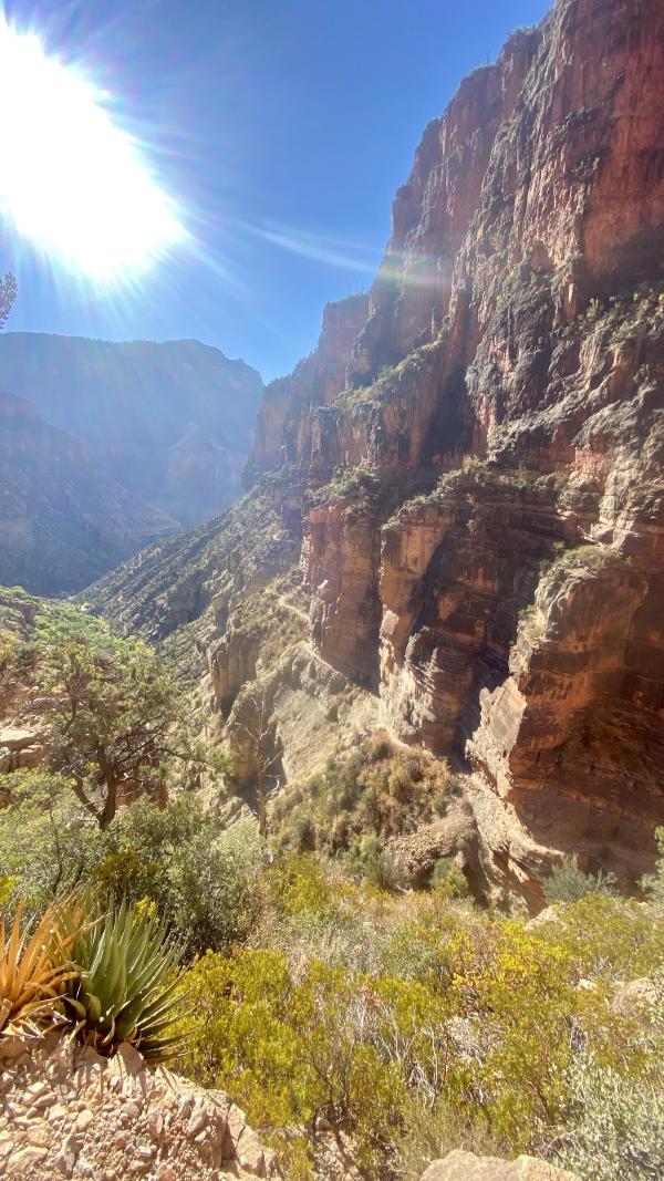 A view of the trail winding alongside the canyon wall