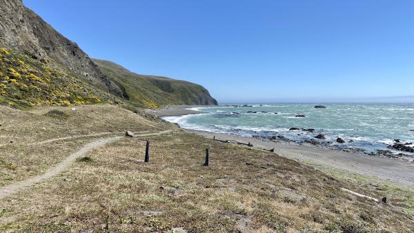 An trail winds along the beach, with mountains rising from the sand