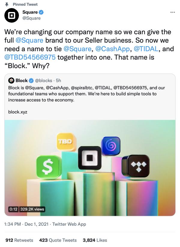 a screenshot of the twitter post from Square on Dec 1, 2021 announcing the rebranding to Block